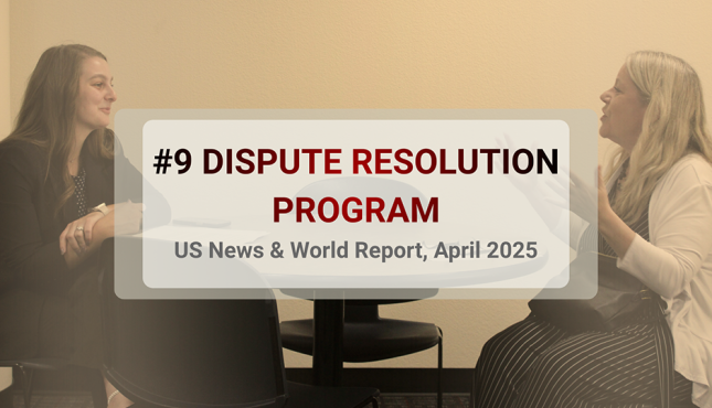 Photo of two people at table talking